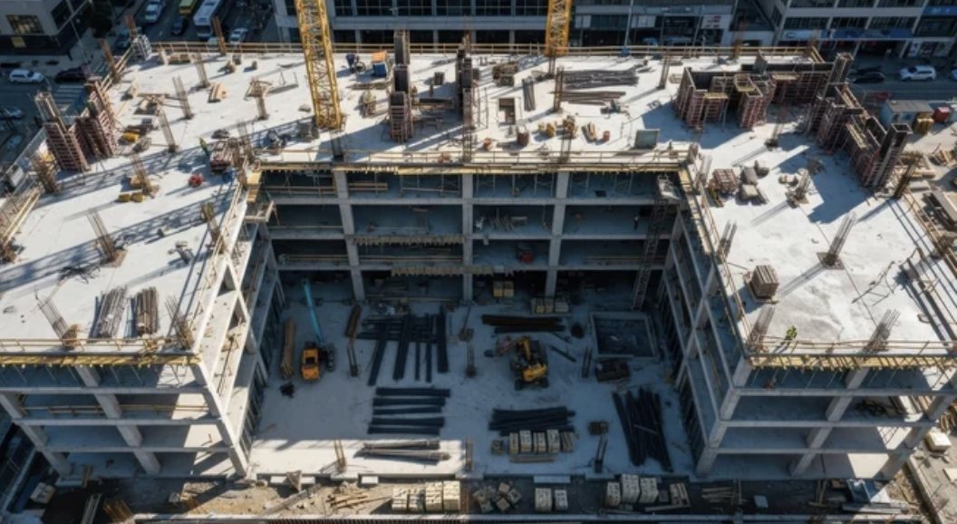 Aerial view of a multistory concrete frame under construction with tower cranes